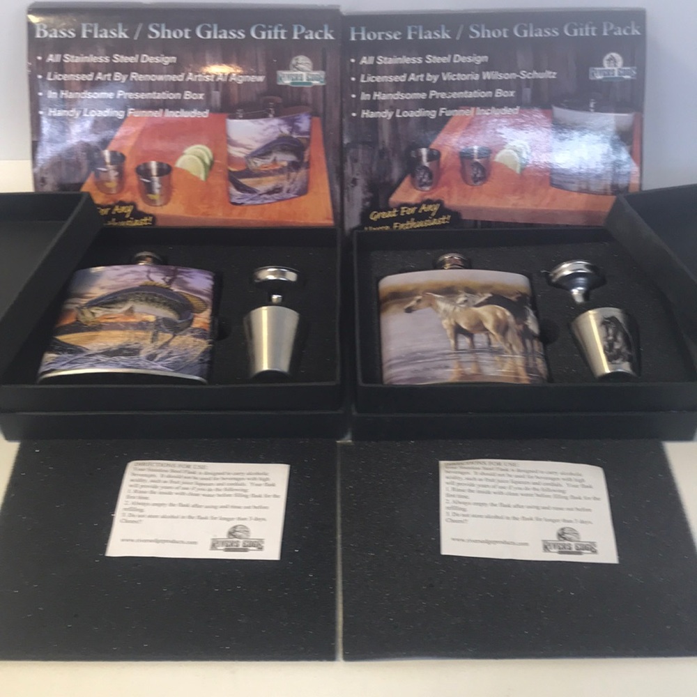 2 flask/shot glass sets new in original boxes
